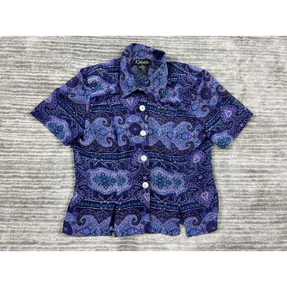 K Studio Collection Blouse Womens 10 Purple Paisley Button Up Short Sleeve VTG